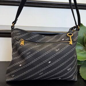 Fossil Crossbody Shoulder Purse Logo Stripe Canvas Leather Pocket Bag, Clean